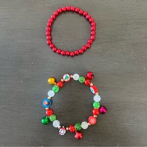 Multicolor Jingle Bell Wreath Snowflake Santa Hat Stretch 2 Piece Bracelet Set